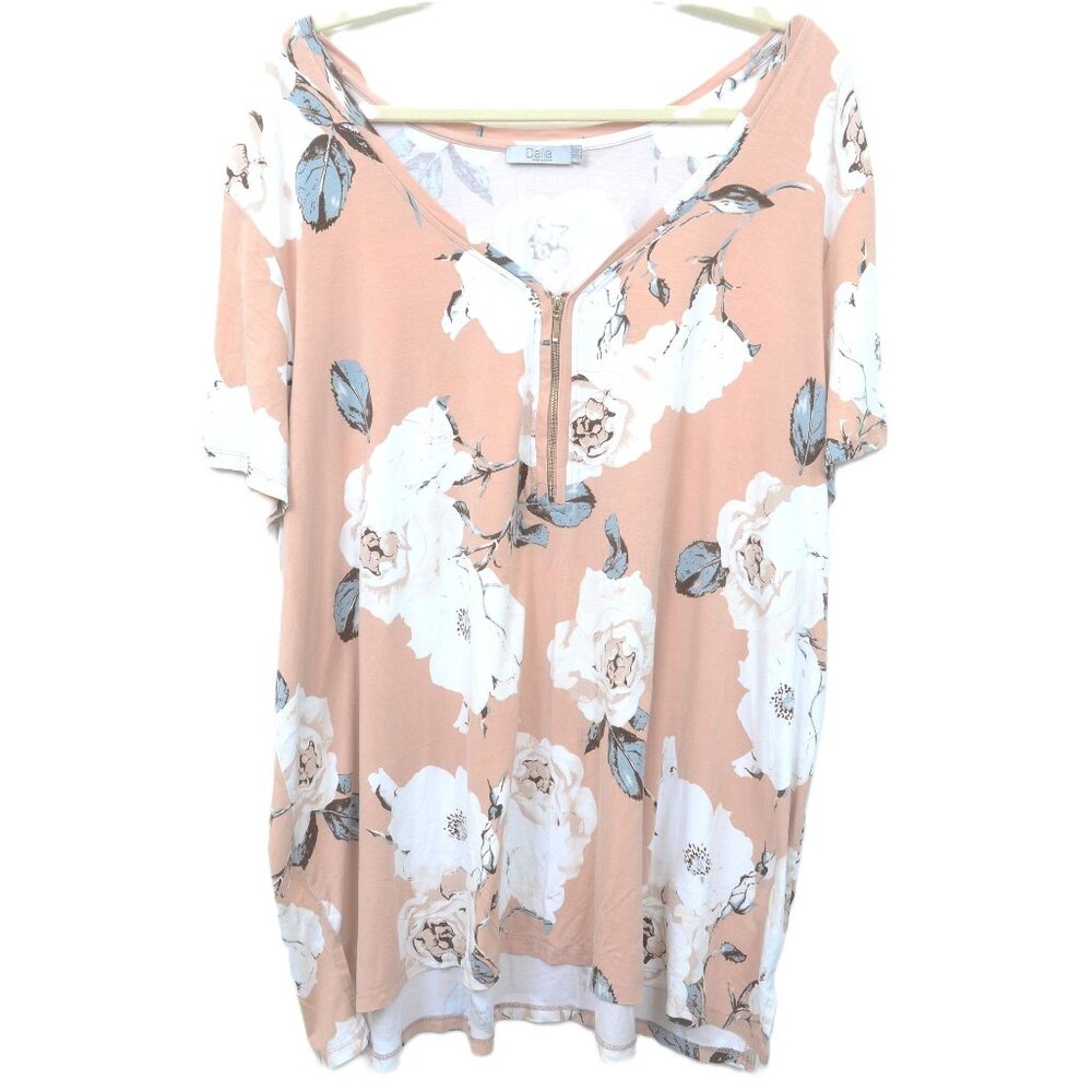 DALIA Women's PLUS Size‎ 3X Soft Floral Front Zip Blouse Top Short Sleeve